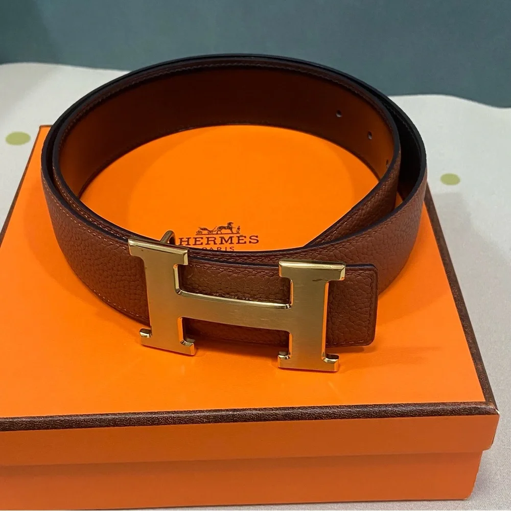 Brown Leather Belt with Gold Buckle SZ85 - Picture 1 of 4